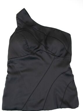 Satin One Shoulder Top Elastic Back Padded Cups Adjustable Strap Black Size S